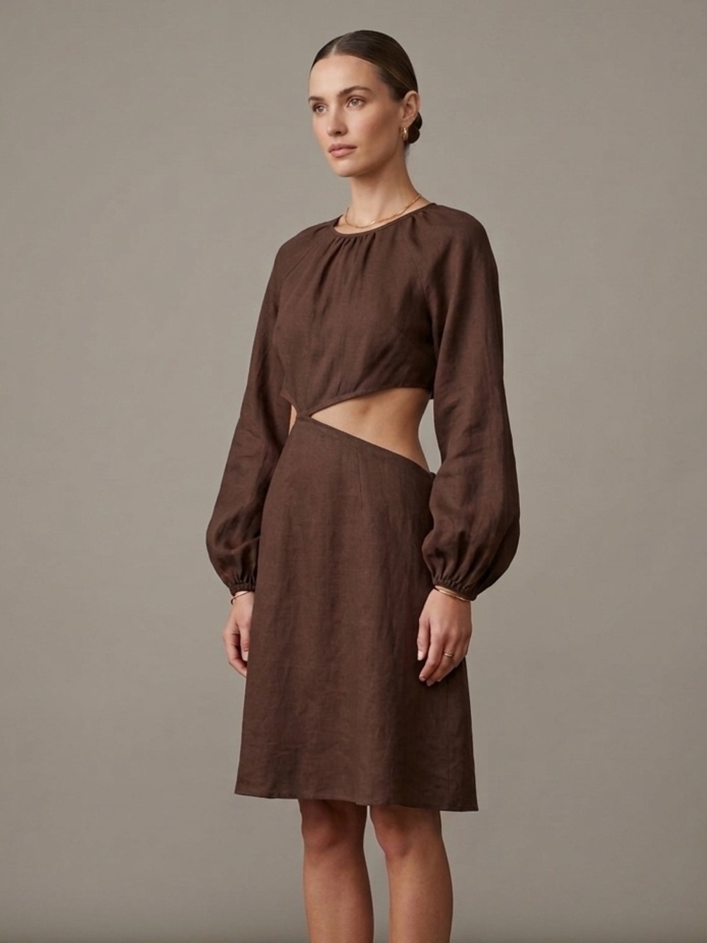 Dissh Sz 10 Brown Linen Cut Out Open Back Puff Sleeves Dress